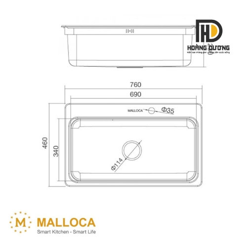 bản vẽ Chậu Rửa Chén Malloca MS-1022D Inox 304 Kèm Rổ