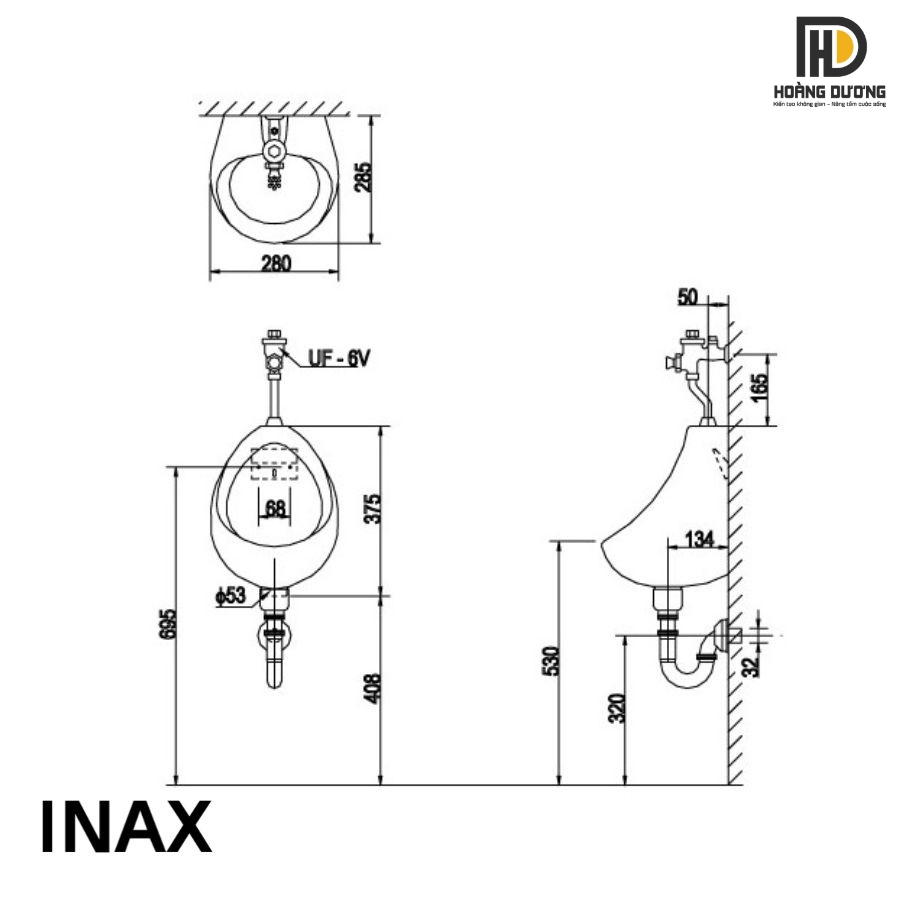 Bản vẽ kỹ thuật chi tiết của bồn tiểu nam Inax U-116V treo tường