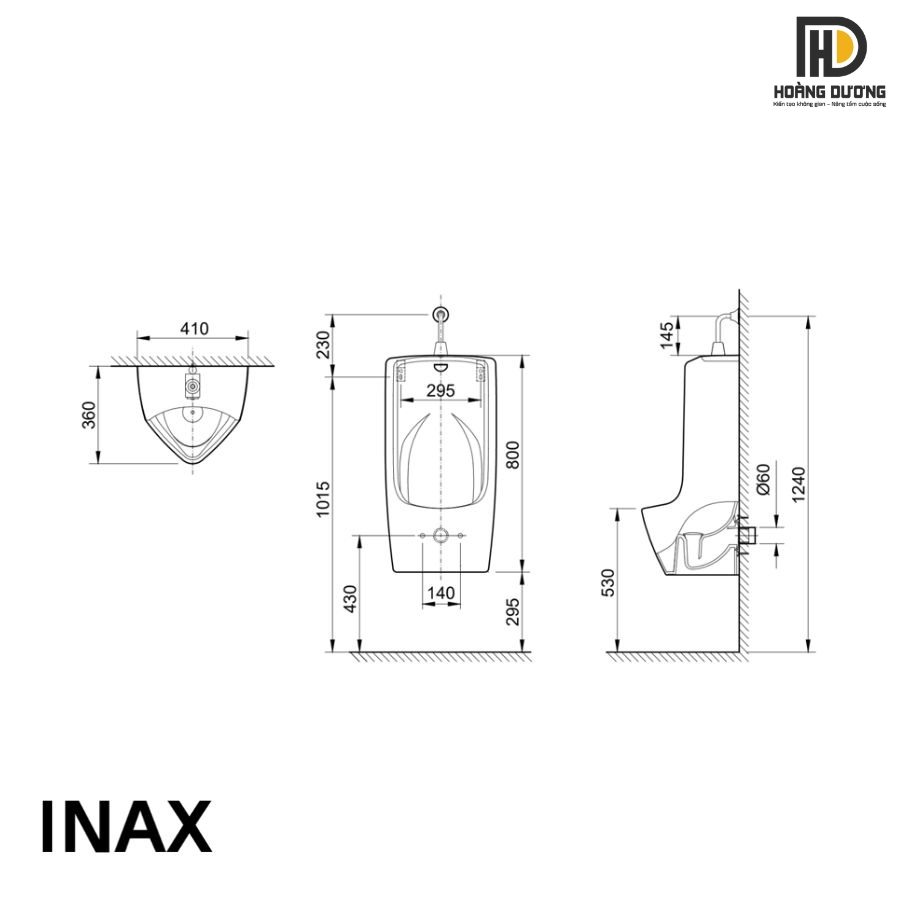 Bản vẽ kỹ thuật chi tiết của sản phẩm bồn tiểu nam Inax U-411V treo tường