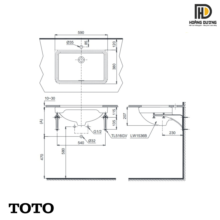 Bản vẽ kỹ thuật chậu lavabo TOTO LW1536V#XW âm bàn
