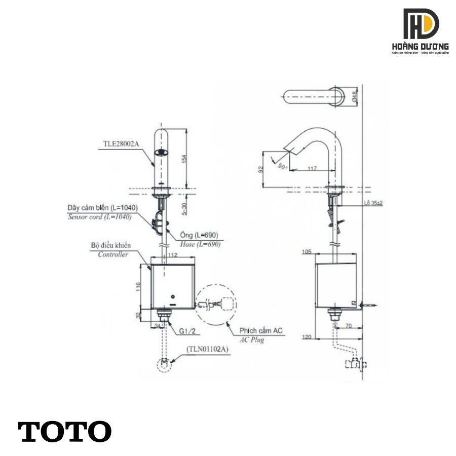 Bản vẽ kỹ thuật vòi lavabo cảm ứng TOTO TLE28002V/TLE01502V/TLN01102A